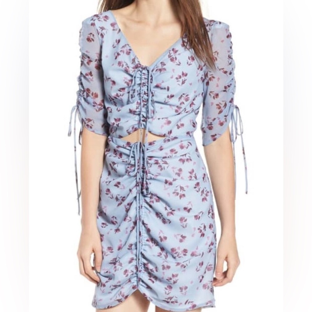 WAYF Floral Ruched Blue Mini Dress